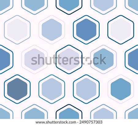 Geometric template background. Rounded hexagons mosaic cells with padding and inner solid cells. Large hexagons. Multiple tones color palette. Seamless pattern. Tileable vector illustration.