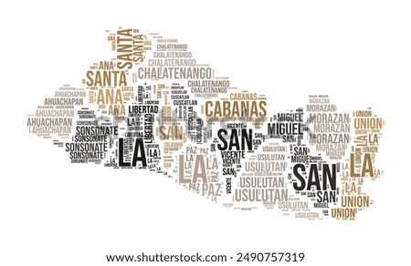 El Salvador Word Cloud. Country shape with region division. El Salvador typography style image. Region names tag clouds. Vector illustration.