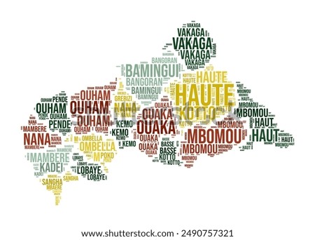 Central African Republic Word Cloud. Country shape with region division. Central African Republic typography style image. Region names tag clouds. Vector illustration.