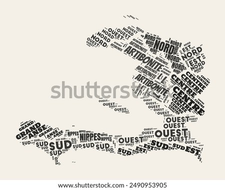 Haiti Word Cloud. Country with regions division. Haiti typographic text clouds vector image design. Vintage gazette style country shape image. Trending vector illustration.