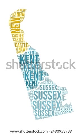 Delaware Word Cloud. State shape with county division. Delaware typography style image. County names tag clouds. Vector illustration.