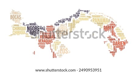 Panama Word Cloud. Country shape with region division. Panama typography style image. Region names tag clouds. Vector illustration.