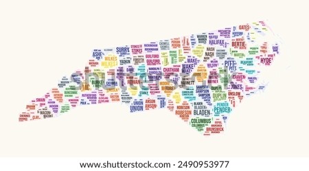 North Carolina counties word cloud. State logo design. Counties typography style vector image. North Carolina colored text cloud. Classy vector illustration.