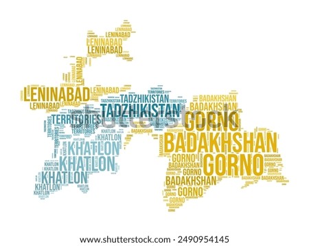 Tajikistan Word Cloud. Country shape with region division. Tajikistan typography style image. Region names tag clouds. Vector illustration.