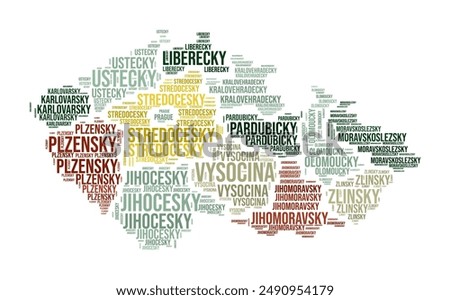 Czechia Word Cloud. Country shape with region division. Czechia typography style image. Region names tag clouds. Vector illustration.