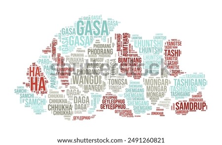 Bhutan Word Cloud. Country shape with region division. Bhutan typography style image. Region names tag clouds. Vector illustration.