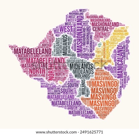 Zimbabwe regions word cloud. Country logo design. Regions typography style vector image. Zimbabwe colored text cloud. Modern vector illustration.