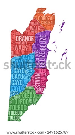 Belize shape. Country word cloud with region division. Belize colored illustration. Region names cloud. Vector illustration.