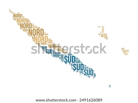 New Caledonia Word Cloud. Country shape with region division. New Caledonia typography style image. Region names tag clouds. Vector illustration.