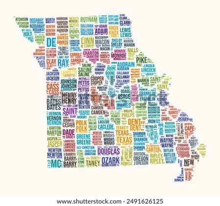 Missouri counties word cloud. State logo design. Counties typography style vector image. Missouri colored text cloud. Vibrant vector illustration.