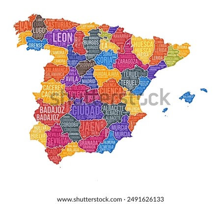 Spain shape. Country word cloud with region division. Spain colored illustration. Region names cloud. Vector illustration.