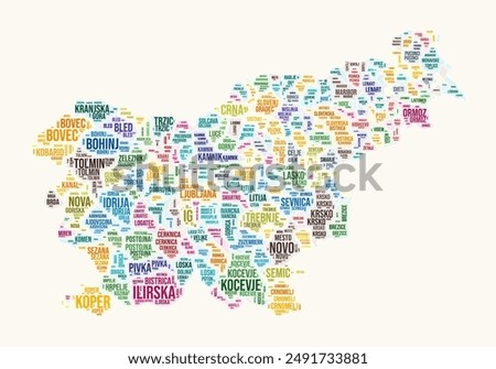 Slovenia regions word cloud. Country logo design. Regions typography style vector image. Slovenia colored text cloud. Amazing vector illustration.