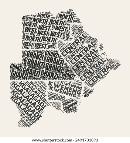 Botswana Word Cloud. Country with regions division. Botswana typographic text clouds vector image design. Vintage gazette style country shape image. Creative vector illustration.