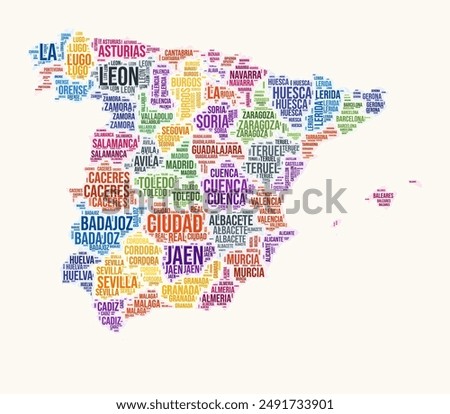 Spain regions word cloud. Country logo design. Regions typography style vector image. Spain colored text cloud. Artistic vector illustration.