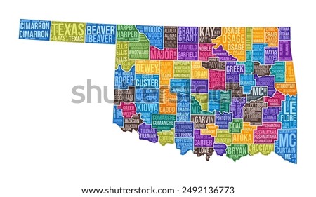 Oklahoma shape. State word cloud with county division. Oklahoma colored illustration. County names cloud. Vector illustration.