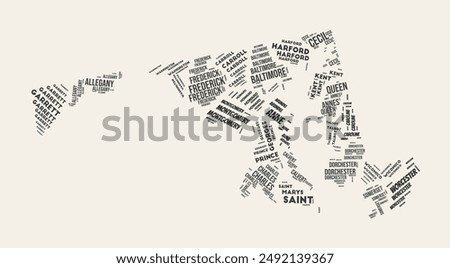 Maryland Word Cloud. State with counties division. Maryland typographic text clouds vector image design. Vintage gazette style state shape image. Beautiful vector illustration.