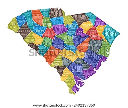 South Carolina shape. State word cloud with county division. South Carolina colored illustration. County names cloud. Vector illustration.