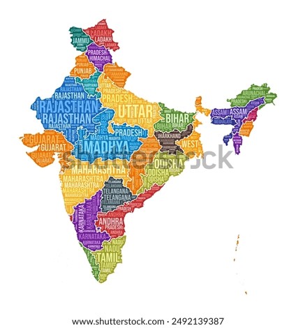 India shape. Country word cloud with state division. India colored illustration. State names cloud. Vector illustration.