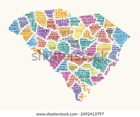 South Carolina counties word cloud. State logo design. Counties typography style vector image. South Carolina colored text cloud. Classy vector illustration.