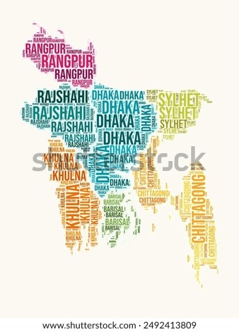 Bangladesh regions word cloud. Country logo design. Regions typography style vector image. Bangladesh colored text cloud. Modern vector illustration.