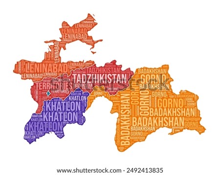 Tajikistan shape. Country word cloud with region division. Tajikistan colored illustration. Region names cloud. Vector illustration.