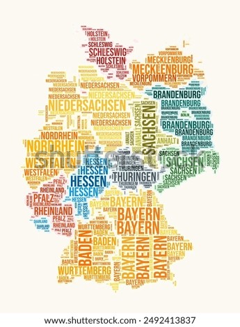 Germany regions word cloud. Country logo design. Regions typography style vector image. Germany colored text cloud. Beautiful vector illustration.