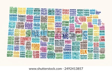 Kansas counties word cloud. State logo design. Counties typography style vector image. Kansas colored text cloud. Amazing vector illustration.