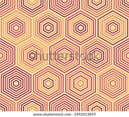 Abstract mosaic hexagon shapes background. Stacked hexagons mosaic pattern. Large hexagons. Multiple tones color palette. Seamless pattern. Tileable vector illustration.