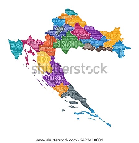 Croatia shape. Country word cloud with region division. Croatia colored illustration. Region names cloud. Vector illustration.