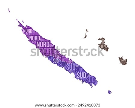 New Caledonia shape. Country word cloud with region division. New Caledonia colored illustration. Region names cloud. Vector illustration.