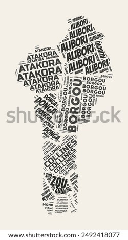 Benin Word Cloud. Country with regions division. Benin typographic text clouds vector image design. Vintage gazette style country shape image. Creative vector illustration.