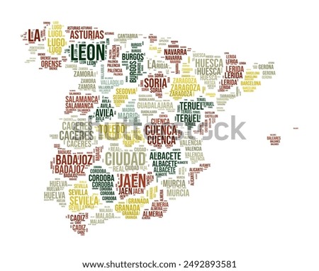 Spain Word Cloud. Country shape with region division. Spain typography style image. Region names tag clouds. Vector illustration.