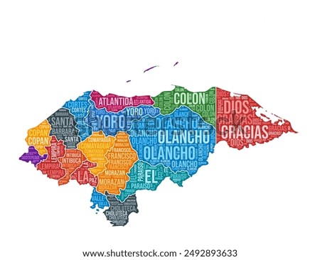 Honduras shape. Country word cloud with region division. Honduras colored illustration. Region names cloud. Vector illustration.