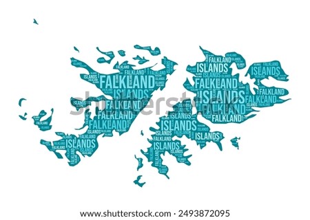 Falkland Islands shape. Country word cloud with region division. Falkland Islands colored illustration. Region names cloud. Vector illustration.