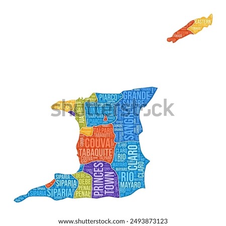 Trinidad and Tobago shape. Country word cloud with region division. Trinidad and Tobago colored illustration. Region names cloud. Vector illustration.