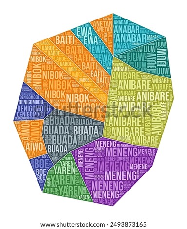 Nauru shape. Country word cloud with region division. Nauru colored illustration. Region names cloud. Vector illustration.