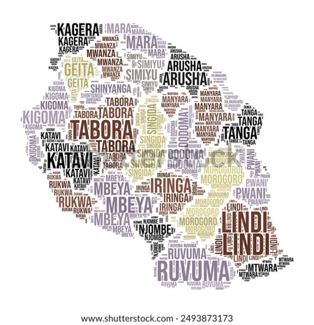 Tanzania Word Cloud. Country shape with region division. Tanzania typography style image. Region names tag clouds. Vector illustration.