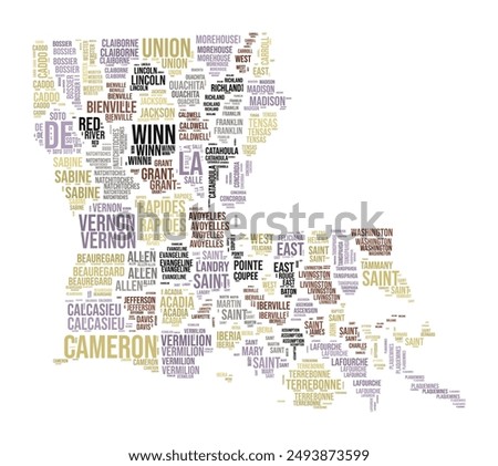 Louisiana Word Cloud. State shape with county division. Louisiana typography style image. County names tag clouds. Vector illustration.