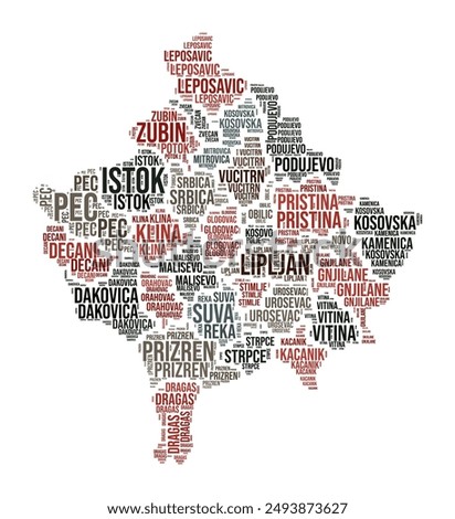 Kosovo Word Cloud. Country shape with region division. Kosovo typography style image. Region names tag clouds. Vector illustration.