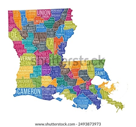 Louisiana shape. State word cloud with county division. Louisiana colored illustration. County names cloud. Vector illustration.