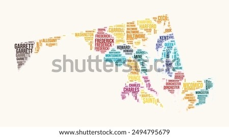 Maryland counties word cloud. State logo design. Counties typography style vector image. Maryland colored text cloud. Artistic vector illustration.