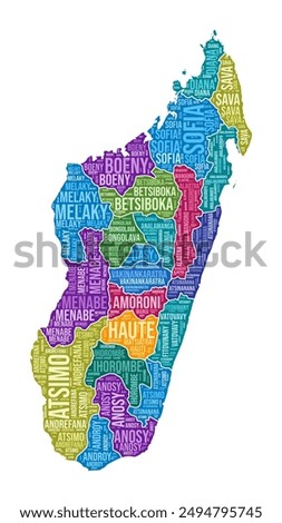 Madagascar shape. Country word cloud with region division. Madagascar colored illustration. Region names cloud. Vector illustration.