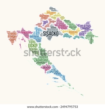 Croatia regions word cloud. Country logo design. Regions typography style vector image. Croatia colored text cloud. Modern vector illustration.