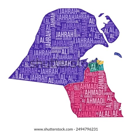 Kuwait shape. Country word cloud with region division. Kuwait colored illustration. Region names cloud. Vector illustration.