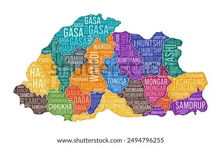 Bhutan shape. Country word cloud with region division. Bhutan colored illustration. Region names cloud. Vector illustration.