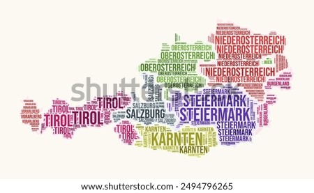 Austria regions word cloud. Country logo design. Regions typography style vector image. Austria colored text cloud. Vibrant vector illustration.