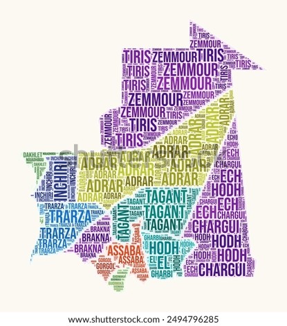 Mauritania regions word cloud. Country logo design. Regions typography style vector image. Mauritania colored text cloud. Creative vector illustration.