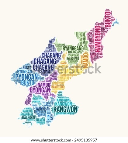 Dem. Rep. Korea regions word cloud. Country logo design. Regions typography style vector image. Dem. Rep. Korea colored text cloud. Vibrant vector illustration.