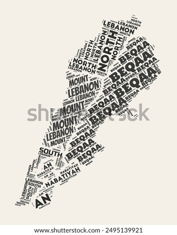 Lebanon Word Cloud. Country with regions division. Lebanon typographic text clouds vector image design. Vintage gazette style country shape image. Vibrant vector illustration.