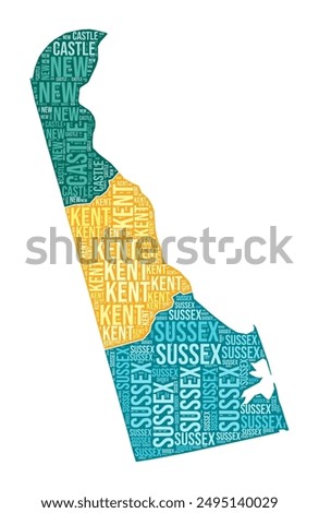 Delaware shape. State word cloud with county division. Delaware colored illustration. County names cloud. Vector illustration.